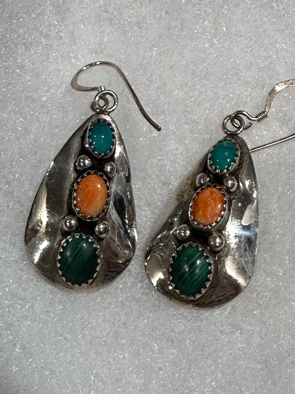 Sterling Silver Teardrop Earrings with Green and Orange turquoise